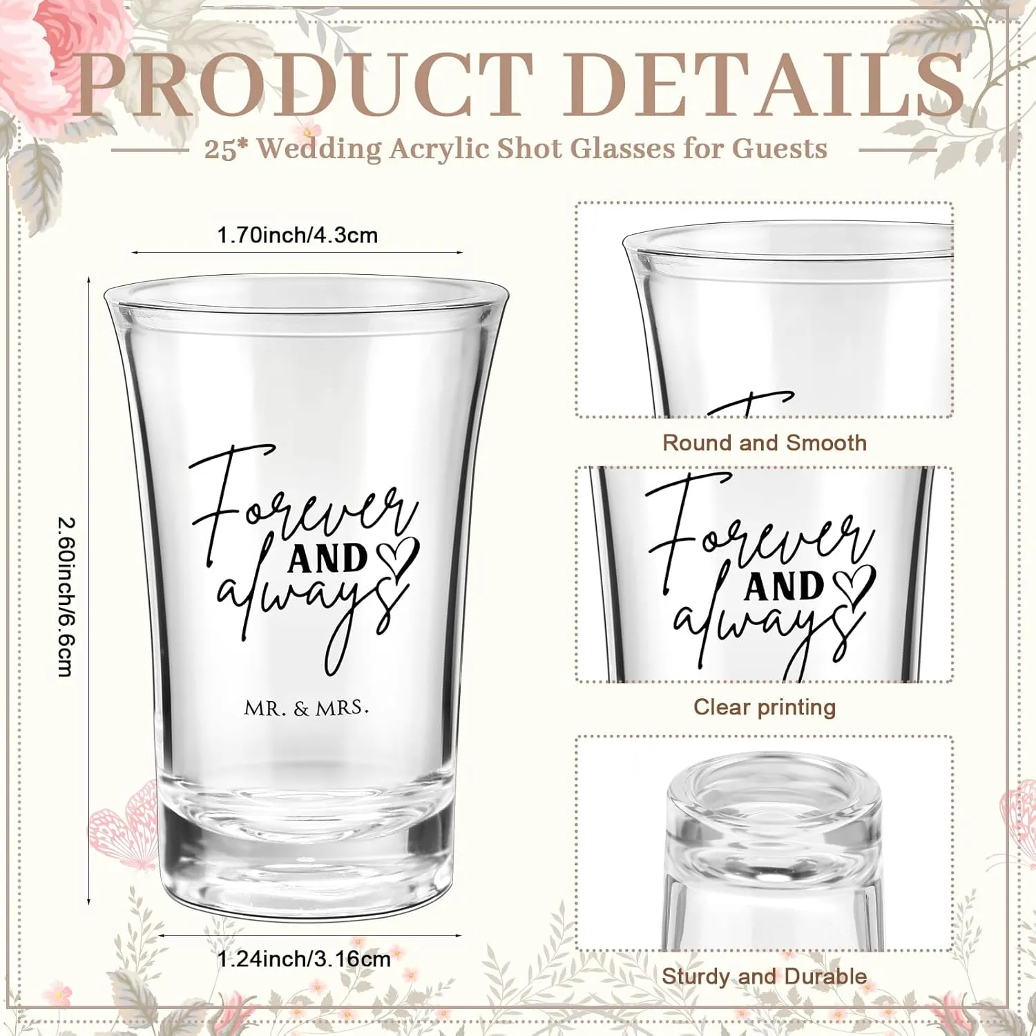 25 Set Wedding Favors for Guests Wedding Shot Glasses Forever and Always Acrylic Clear Shot Glasses Mr and Mrs Wine Glasses with Thank You Card Organza Bag Bridal Shower Souvenirs Gift
