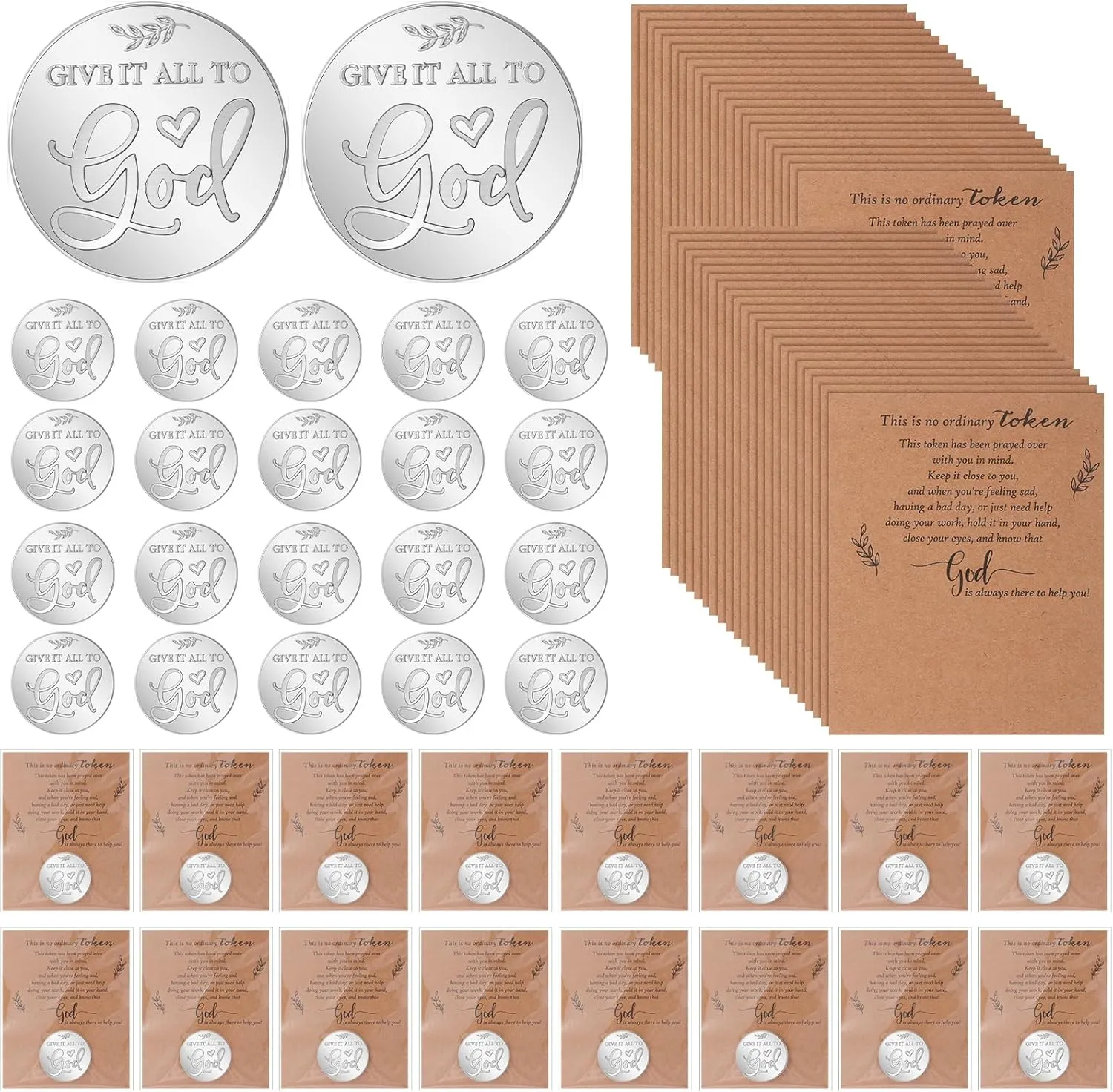 25 Sets Christian Party Favors Pocket Prayer Coin Gift Give It All to God Tokens Double Sided Engraving Religious Pocket Token with Scripture Cards Bags for Father Day Church Funeral