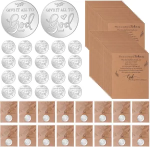 25 Sets Christian Party Favors Pocket Prayer Coin Gift Give It All to God Tokens Double Sided Engraving Religious Pocket Token with Scripture Cards Bags for Father Day Church Funeral
