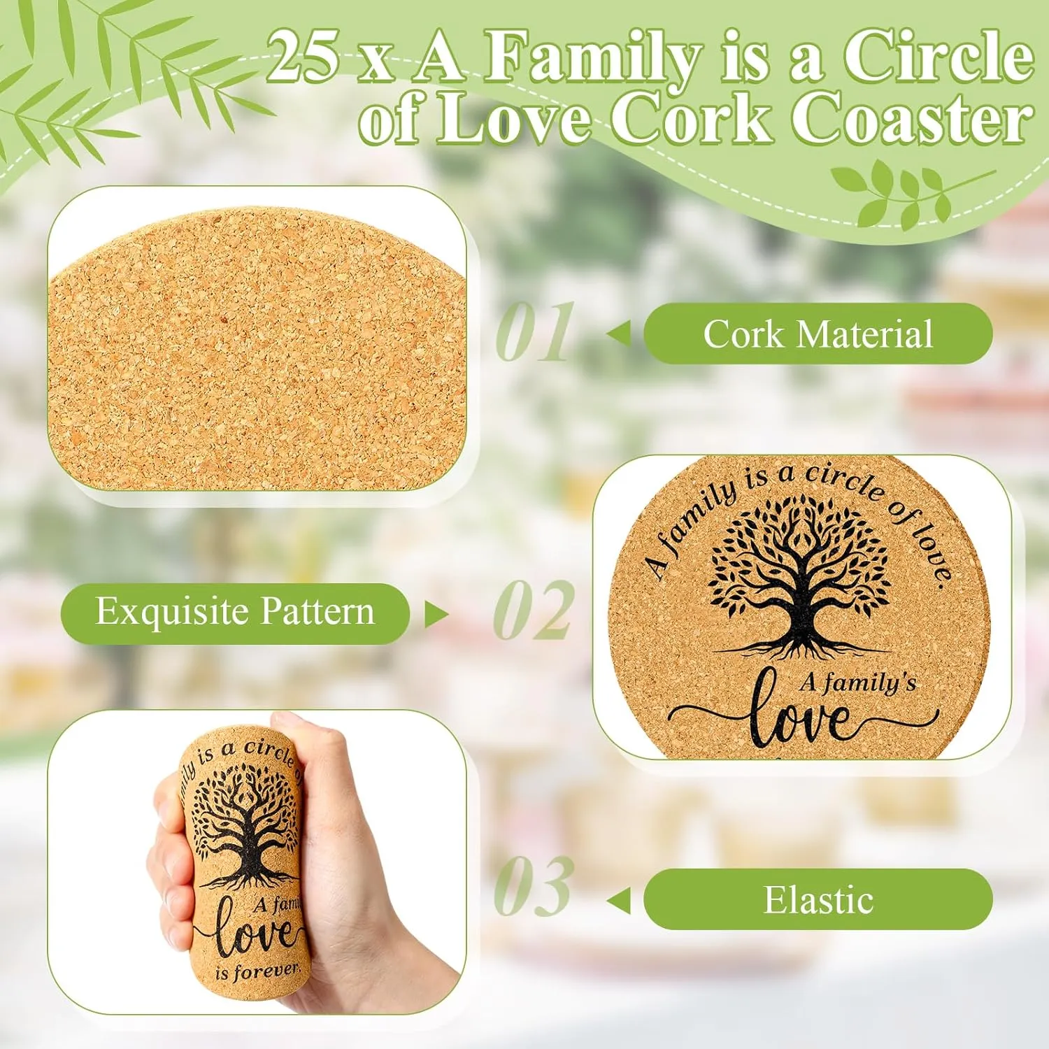 25 Sets Family Reunion Favors Include a Family is a Circle of Love Cork Coaster Absorbent Cork Mat with Cards and Organza Gift Bags for Reunion Gathering Party Gift