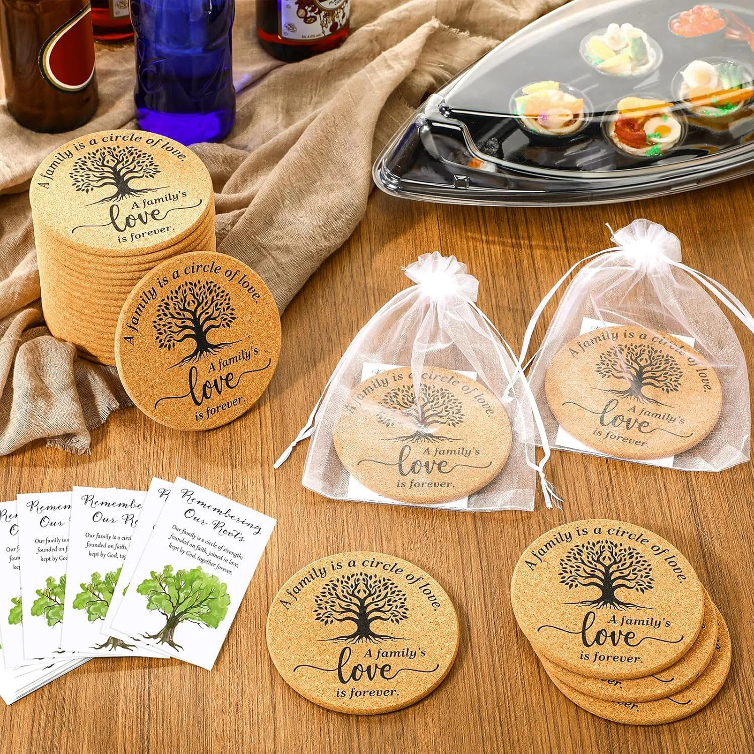 25 Sets Family Reunion Favors Include a Family is a Circle of Love Cork Coaster Absorbent Cork Mat with Cards and Organza Gift Bags for Reunion Gathering Party Gift