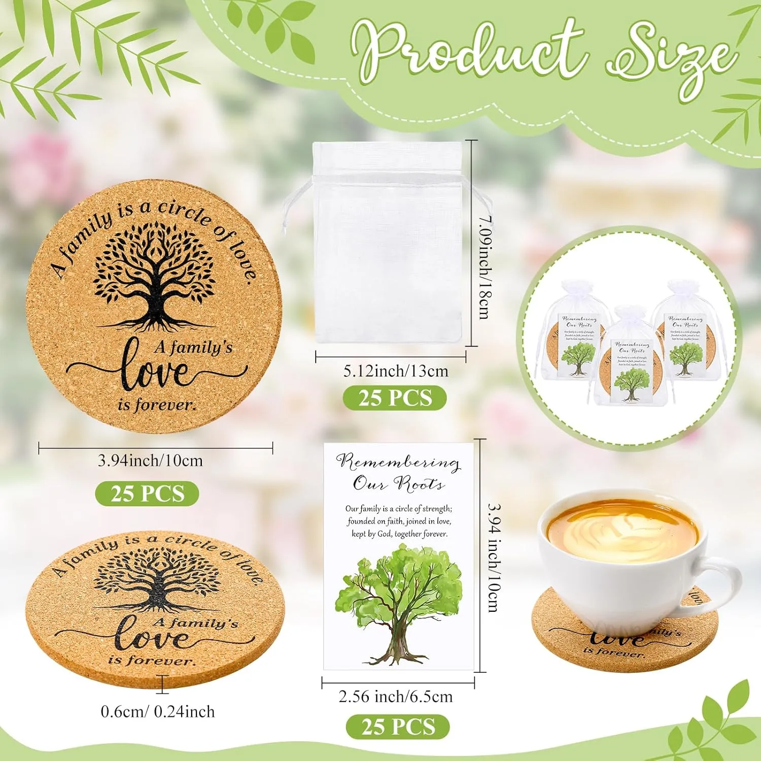 25 Sets Family Reunion Favors Include a Family is a Circle of Love Cork Coaster Absorbent Cork Mat with Cards and Organza Gift Bags for Reunion Gathering Party Gift