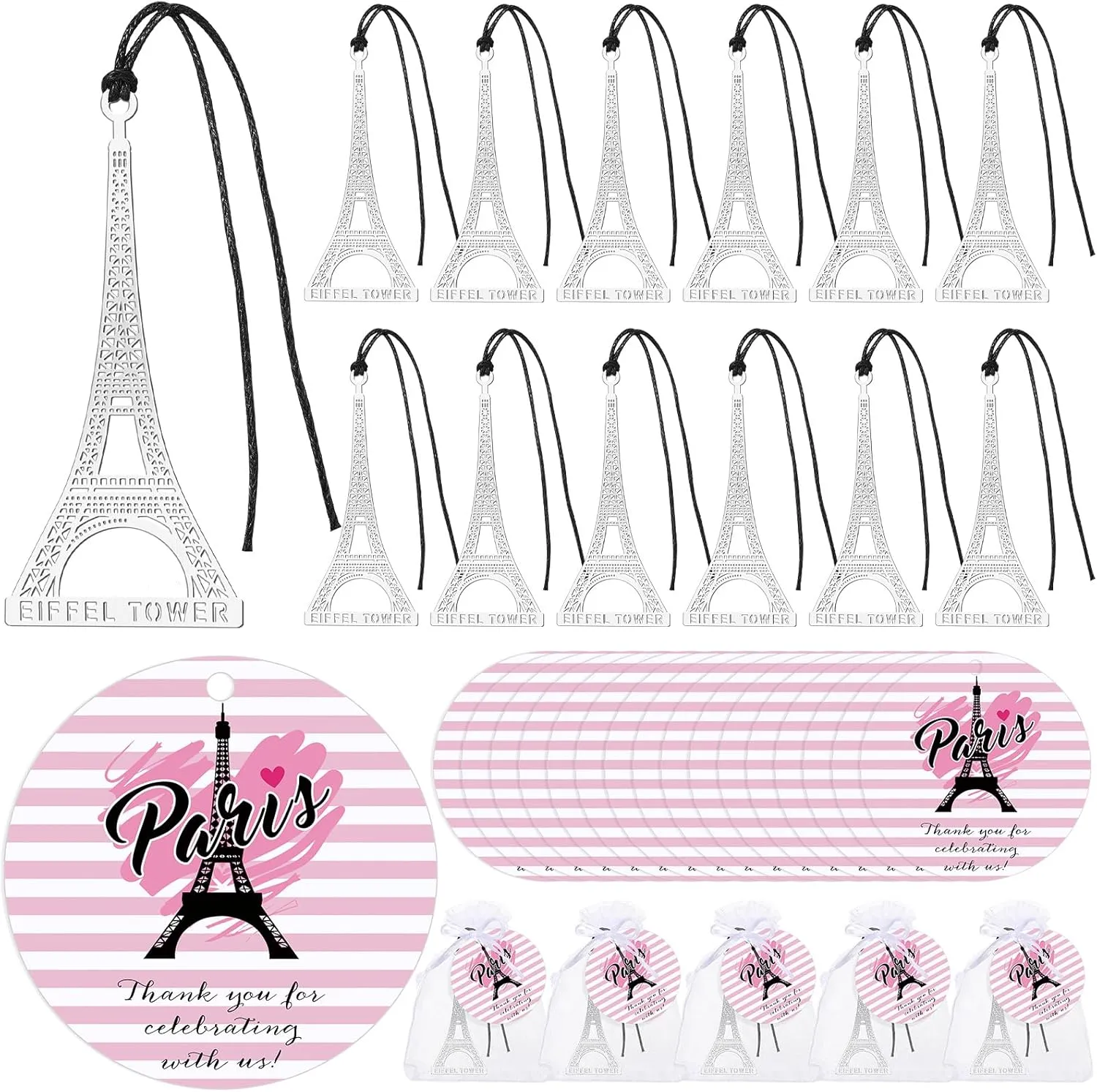 25 Sets Paris Party Favors Eiffel Tower Bookmarks Paris Metal Book Marks Thank You Cards Organza Bags Souvenirs from France Gifts for Girls Birthday Themed Party Favors