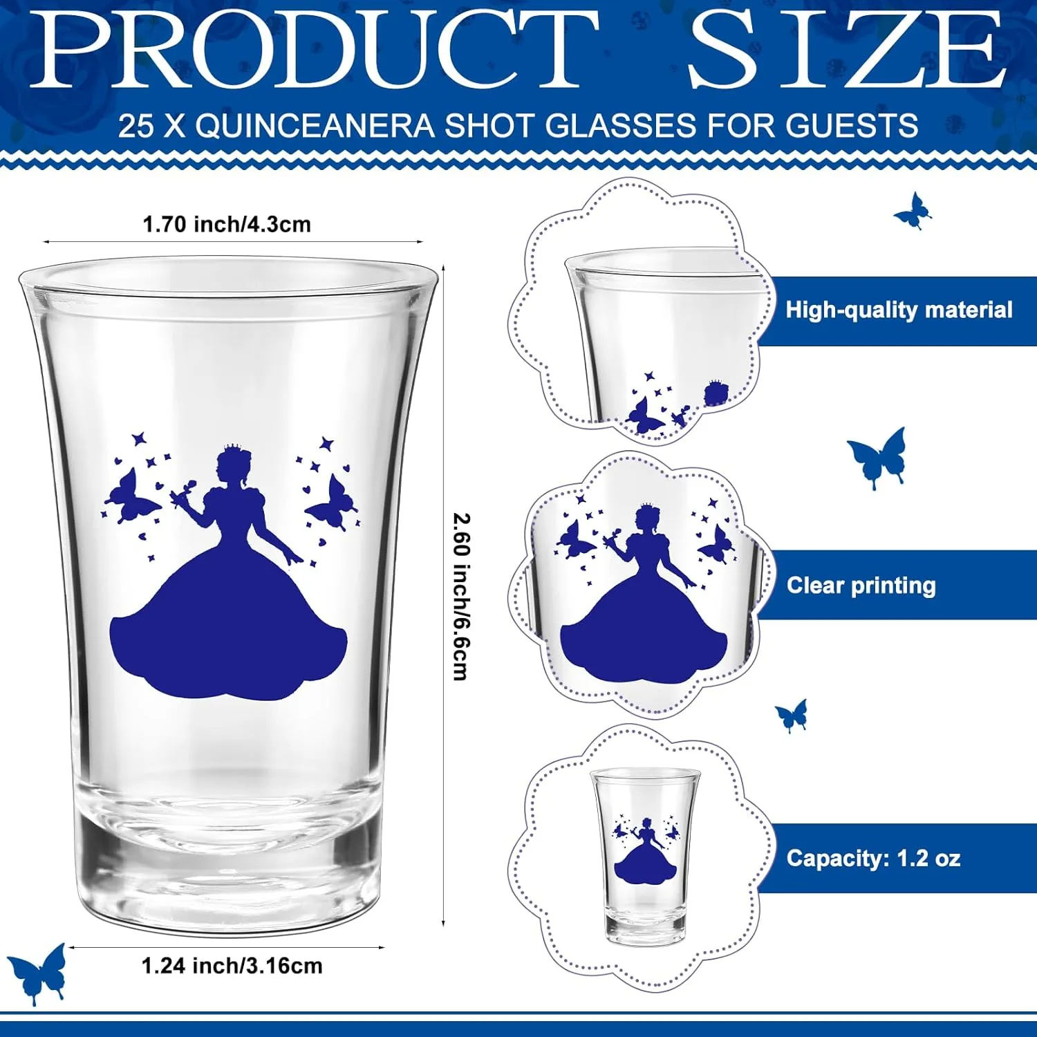 25 Sets Quinceanera Party Favors for Guests Quinceanera Acrylic Shot Glasses Thank You Cards with Organza Bags Mis Quince Anos Souvenirs Gifts for Sweet 15 Birthday Party Favors (Blue)