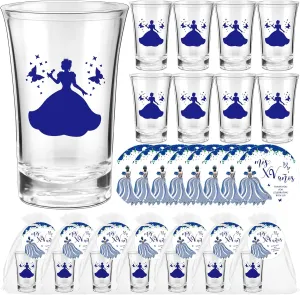 25 Sets Quinceanera Party Favors for Guests Quinceanera Acrylic Shot Glasses Thank You Cards with Organza Bags Mis Quince Anos Souvenirs Gifts for Sweet 15 Birthday Party Favors (Blue)