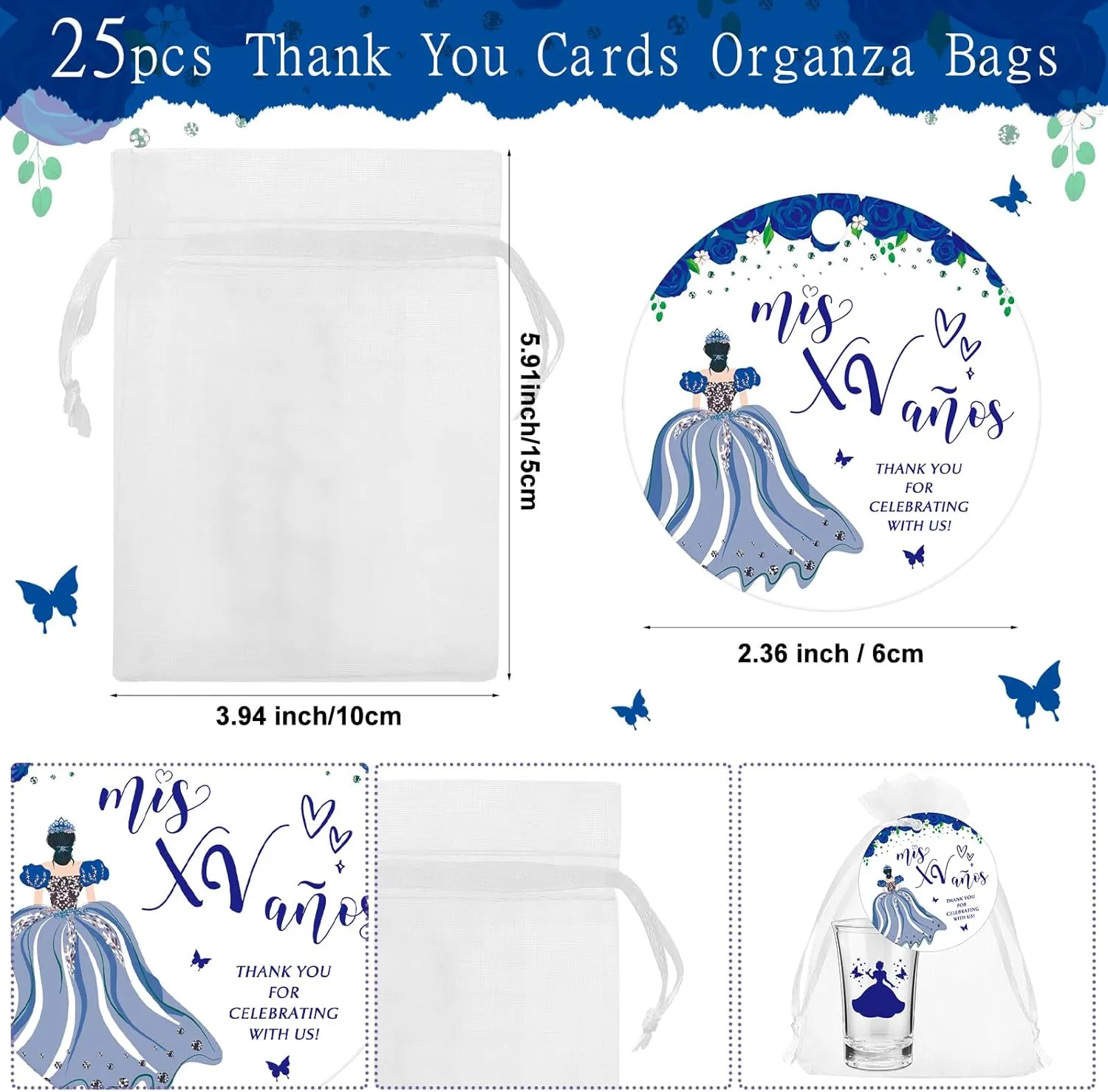 25 Sets Quinceanera Party Favors for Guests Quinceanera Acrylic Shot Glasses Thank You Cards with Organza Bags Mis Quince Anos Souvenirs Gifts for Sweet 15 Birthday Party Favors (Blue)
