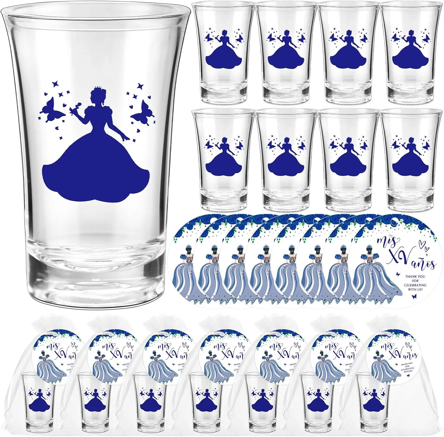 25 Sets Quinceanera Party Favors for Guests Quinceanera Acrylic Shot Glasses Thank You Cards with Organza Bags Mis Quince Anos Souvenirs Gifts for Sweet 15 Birthday Party Favors (Blue)