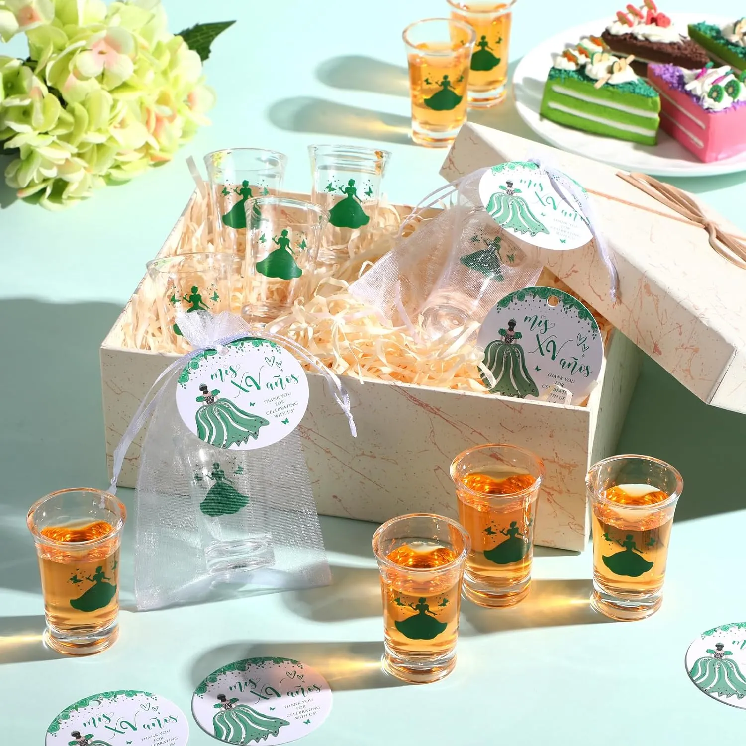 25 Sets Quinceanera Party Favors for Guests Quinceanera Acrylic Shot Glasses Thank You Cards with Organza Bags Mis Quince Anos Souvenirs Gifts for Sweet 15 Birthday Party Favors(Green)