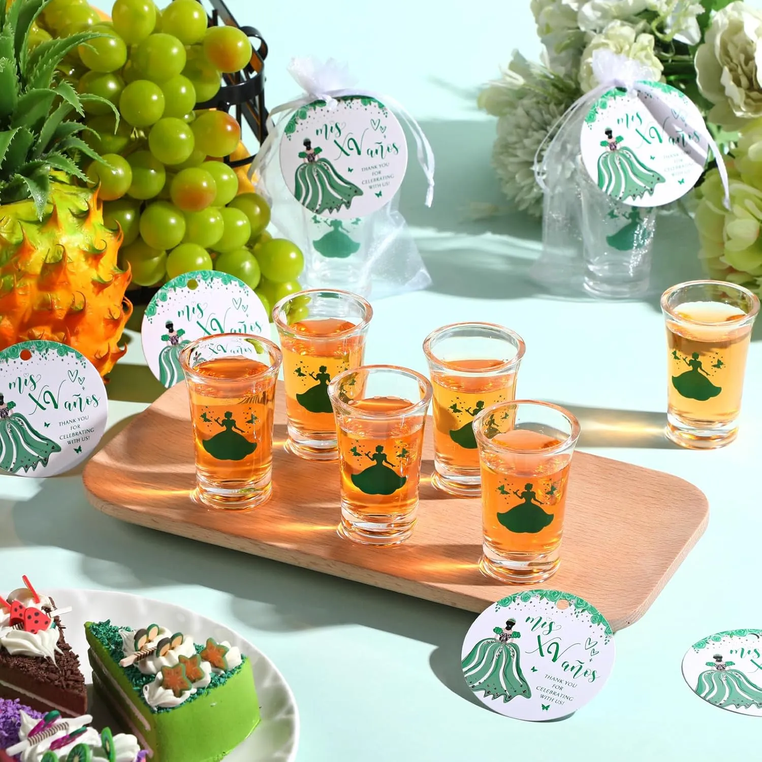25 Sets Quinceanera Party Favors for Guests Quinceanera Acrylic Shot Glasses Thank You Cards with Organza Bags Mis Quince Anos Souvenirs Gifts for Sweet 15 Birthday Party Favors(Green)