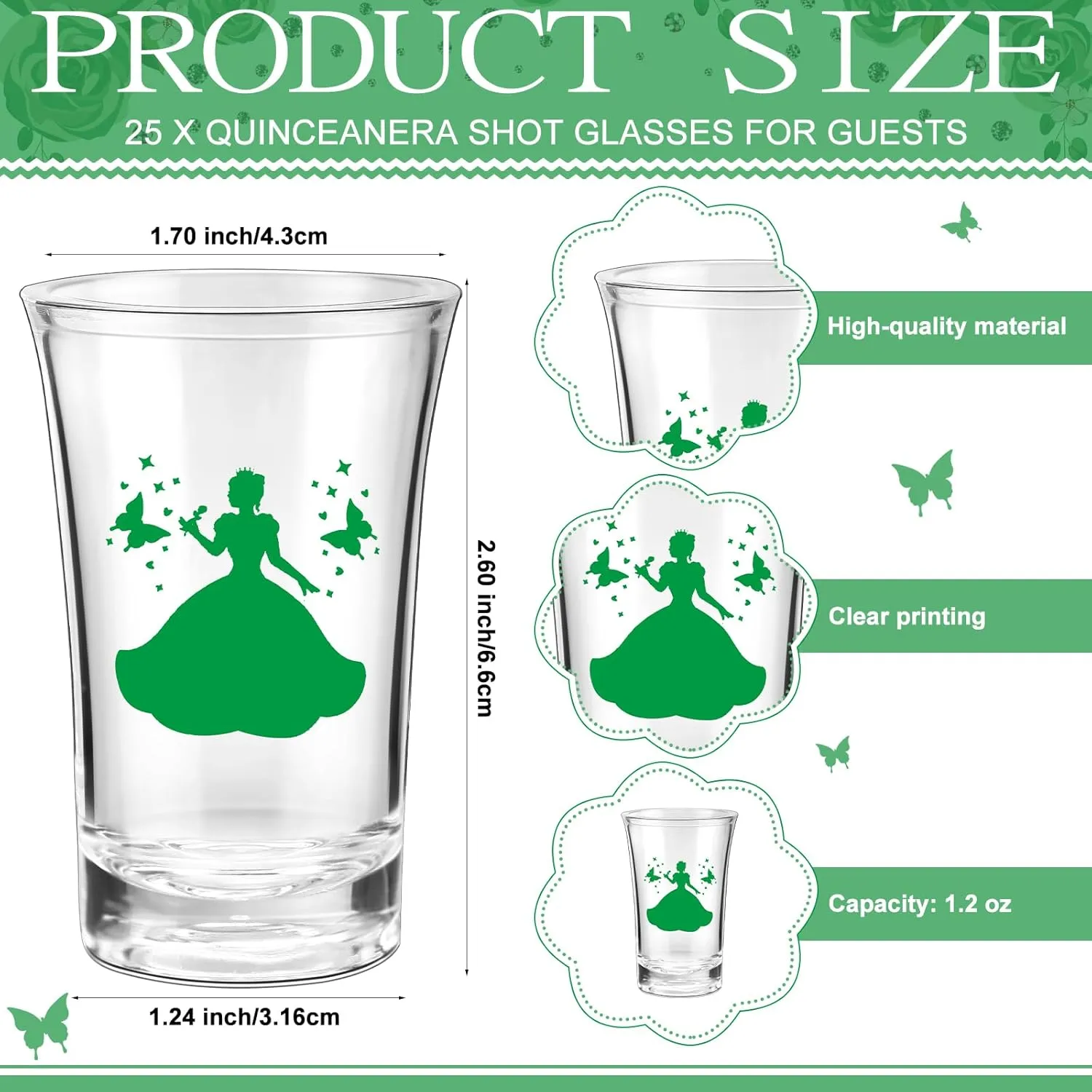 25 Sets Quinceanera Party Favors for Guests Quinceanera Acrylic Shot Glasses Thank You Cards with Organza Bags Mis Quince Anos Souvenirs Gifts for Sweet 15 Birthday Party Favors(Green)