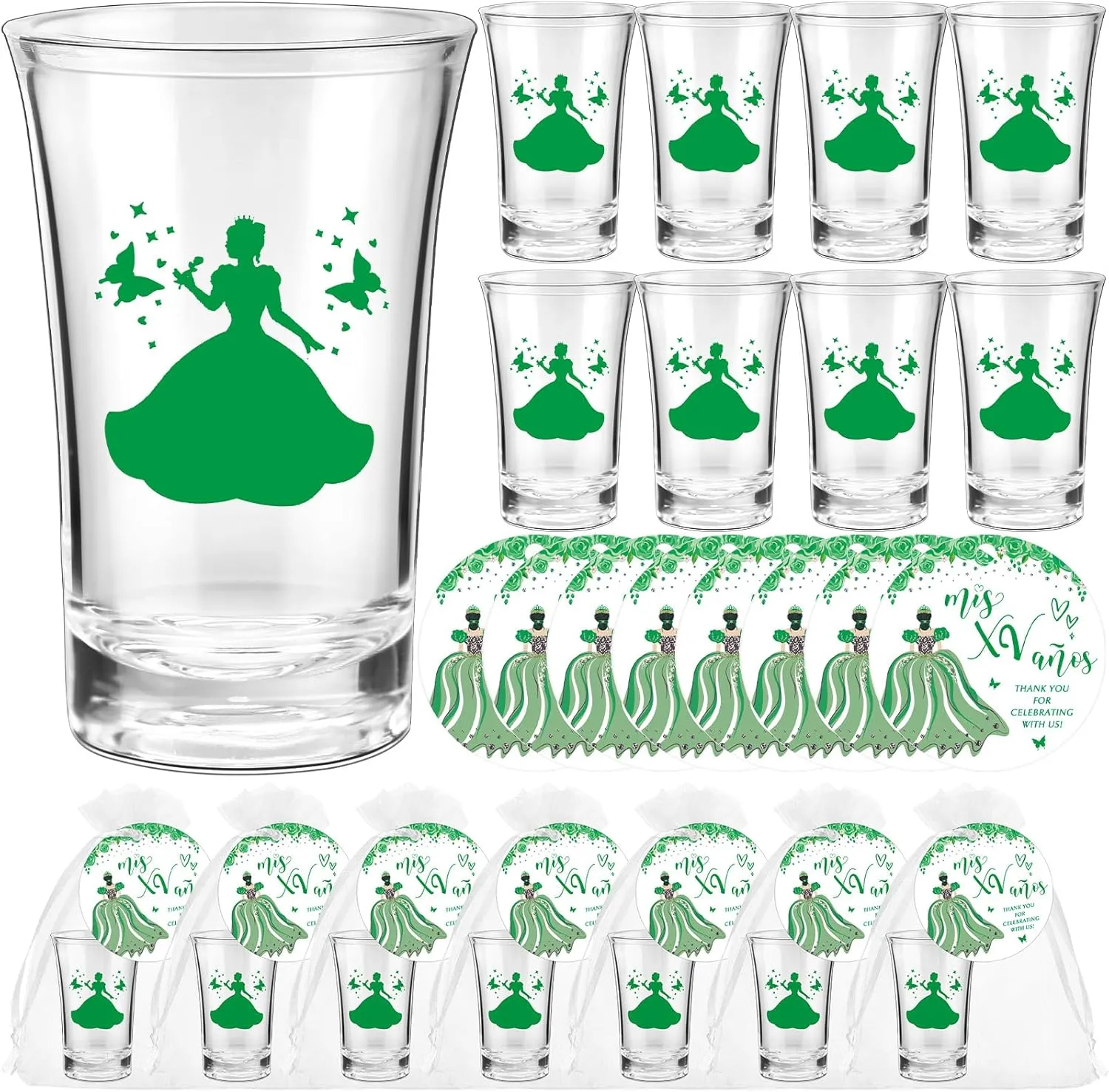 25 Sets Quinceanera Party Favors for Guests Quinceanera Acrylic Shot Glasses Thank You Cards with Organza Bags Mis Quince Anos Souvenirs Gifts for Sweet 15 Birthday Party Favors(Green)