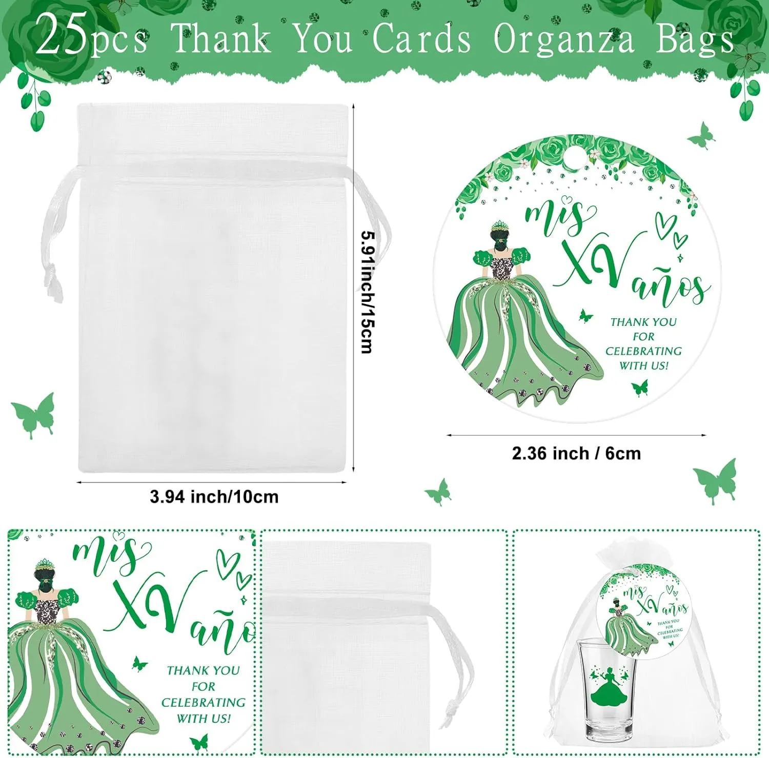 25 Sets Quinceanera Party Favors for Guests Quinceanera Acrylic Shot Glasses Thank You Cards with Organza Bags Mis Quince Anos Souvenirs Gifts for Sweet 15 Birthday Party Favors(Green)