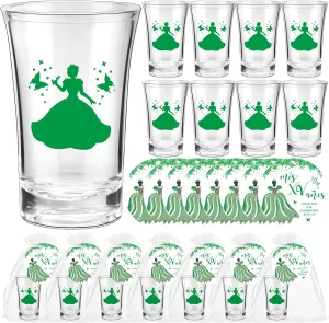 25 Sets Quinceanera Party Favors for Guests Quinceanera Acrylic Shot Glasses Thank You Cards with Organza Bags Mis Quince Anos Souvenirs Gifts for Sweet 15 Birthday Party Favors(Green)