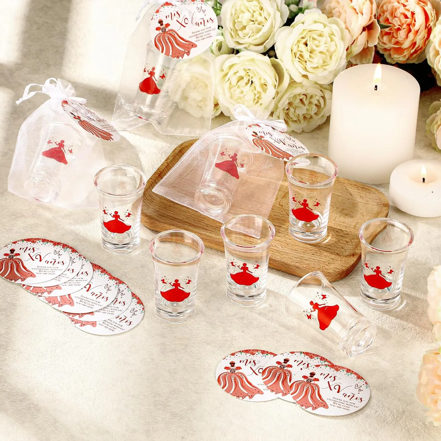 25 Sets Quinceanera Party Favors for Guests Quinceanera Acrylic Shot Glasses Thank You Cards with Organza Bags Mis Quince Anos Souvenirs Gifts for Sweet 15 Birthday Party Favors(Red)