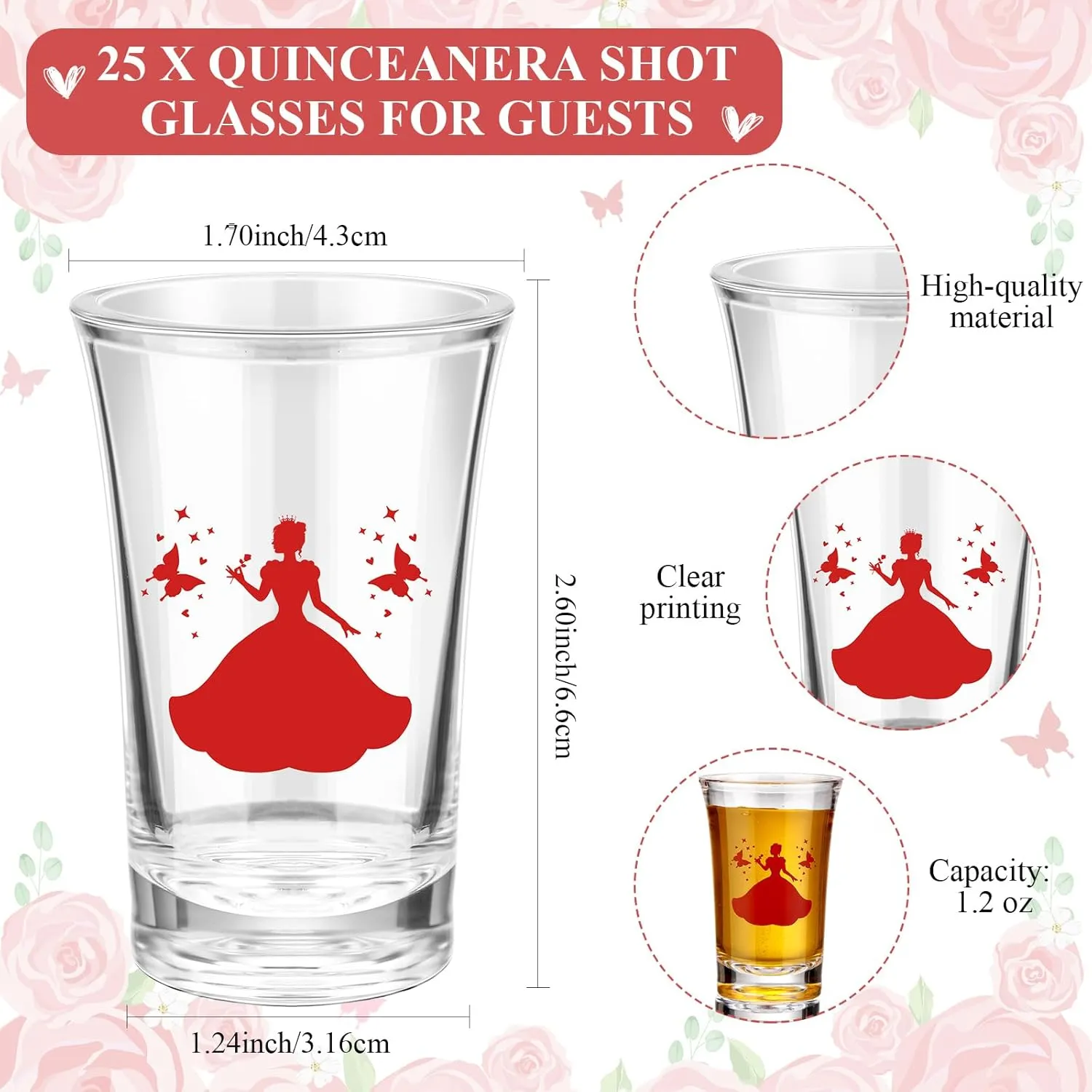 25 Sets Quinceanera Party Favors for Guests Quinceanera Acrylic Shot Glasses Thank You Cards with Organza Bags Mis Quince Anos Souvenirs Gifts for Sweet 15 Birthday Party Favors(Red)