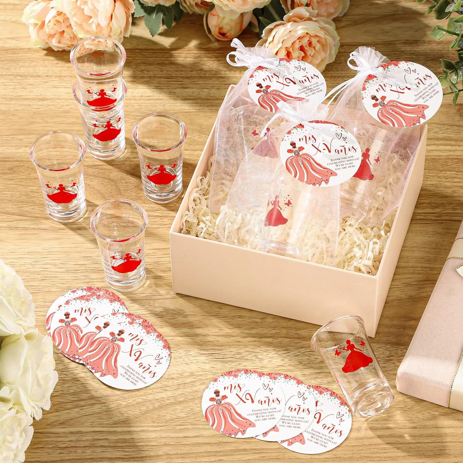 25 Sets Quinceanera Party Favors for Guests Quinceanera Acrylic Shot Glasses Thank You Cards with Organza Bags Mis Quince Anos Souvenirs Gifts for Sweet 15 Birthday Party Favors(Red)