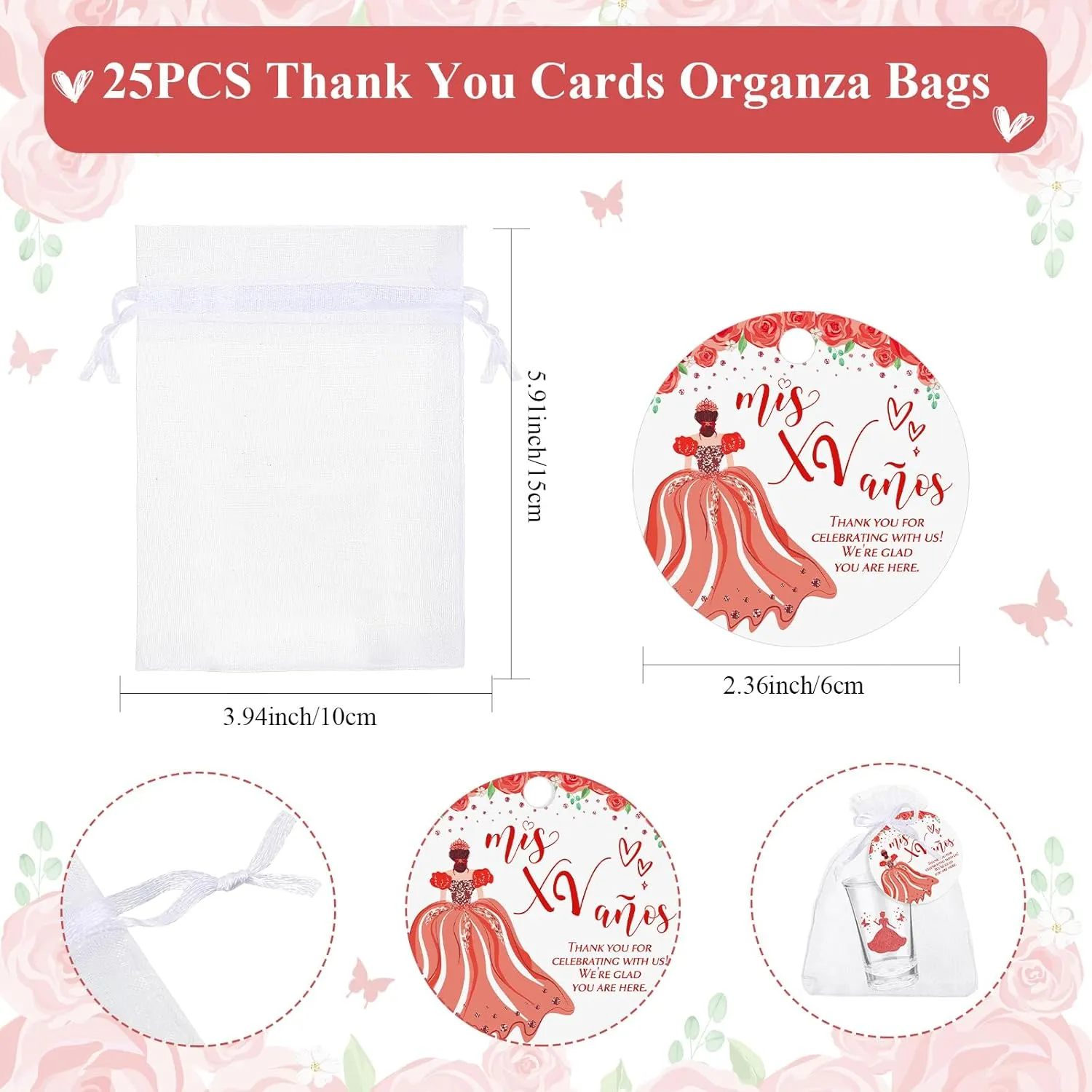 25 Sets Quinceanera Party Favors for Guests Quinceanera Acrylic Shot Glasses Thank You Cards with Organza Bags Mis Quince Anos Souvenirs Gifts for Sweet 15 Birthday Party Favors(Red)