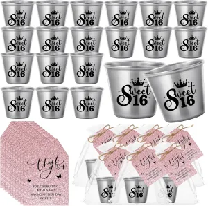 25 Sets Sweet 16 Party Favors for Guests Sweet 16 Shot Glasses Stainless Steel Shot Glasses with Thank You Cards Organza Bags Twine for Quinceanera Birthday 16 Years Party