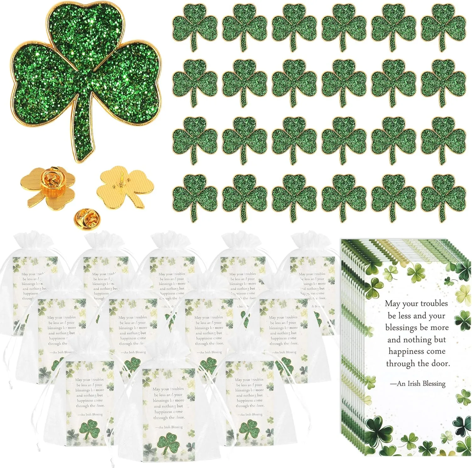25/50/100 Sets St. Patricks Day Clover Lapel Pins Bulk Shamrock Pin Brooches with Irish Blessing Cards Gift Bags for St. Patrick’s Day Party Favors Jewelry Accessories