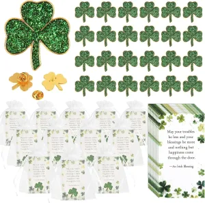 25/50/100 Sets St. Patricks Day Clover Lapel Pins Bulk Shamrock Pin Brooches with Irish Blessing Cards Gift Bags for St. Patrick’s Day Party Favors Jewelry Accessories