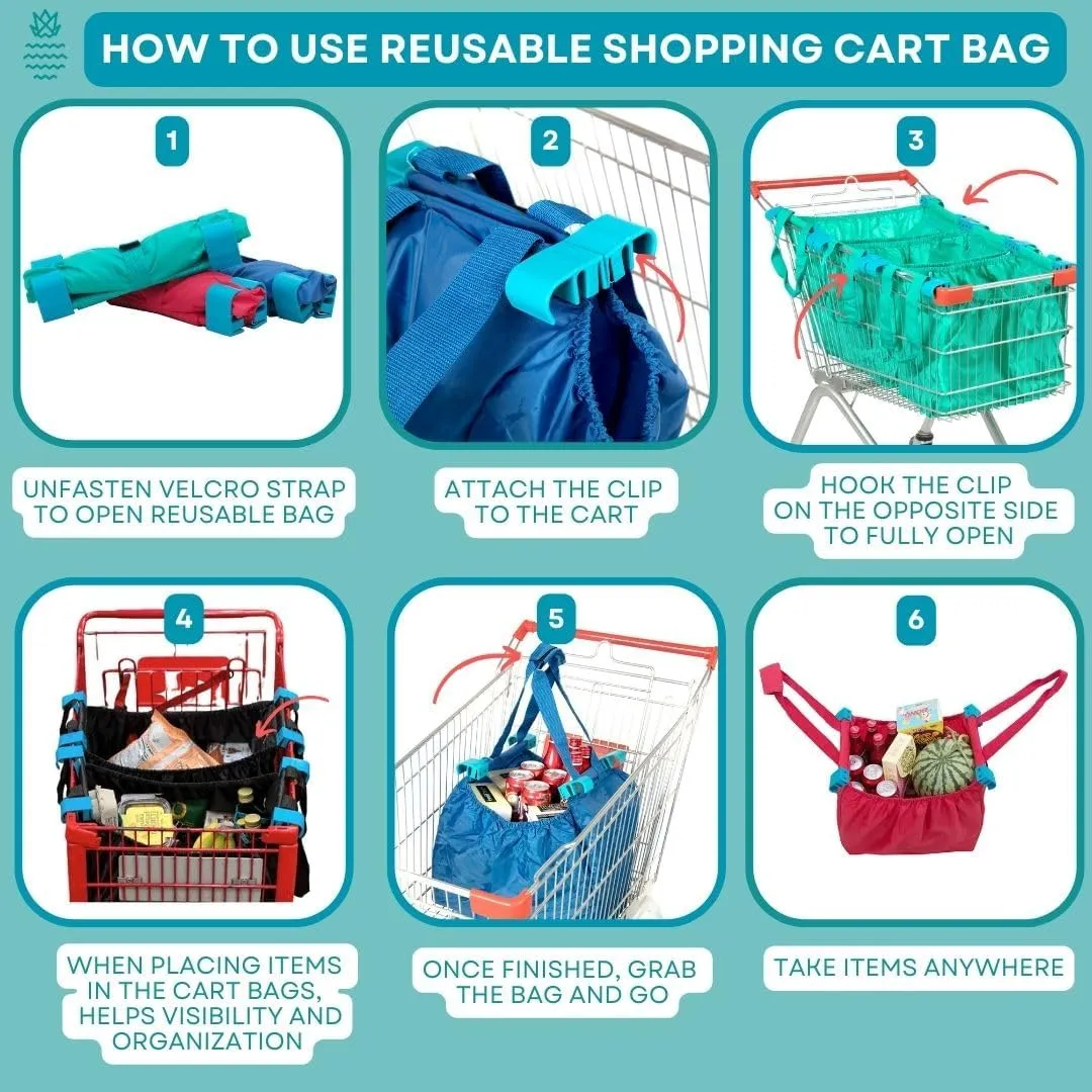 3-Pack Reusable Shopping Bags – Eco-Friendly Grocery Organizers with Universal Cart Clips, Zipper Pouch, and Heavy-Duty Design (Red)