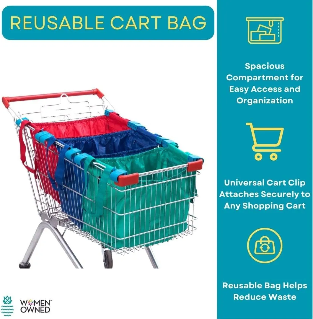 3-Pack Reusable Shopping Bags – Eco-Friendly Grocery Organizers with Universal Cart Clips, Zipper Pouch, and Heavy-Duty Design (Red)