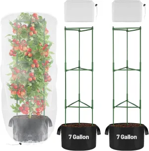 3 Sets Tomato Cages with Garden Nettings - 47'' Stable Plant Support Trellis with 7-Gallon Grow Bags Planters, Vegetable Trellis for Balcony Deck Yard Tomatoes Eggplants Peppers Flowers