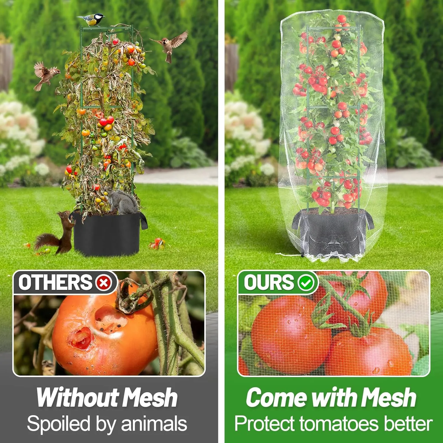 3 Sets Tomato Cages with Garden Nettings - 47'' Stable Plant Support Trellis with 7-Gallon Grow Bags Planters, Vegetable Trellis for Balcony Deck Yard Tomatoes Eggplants Peppers Flowers