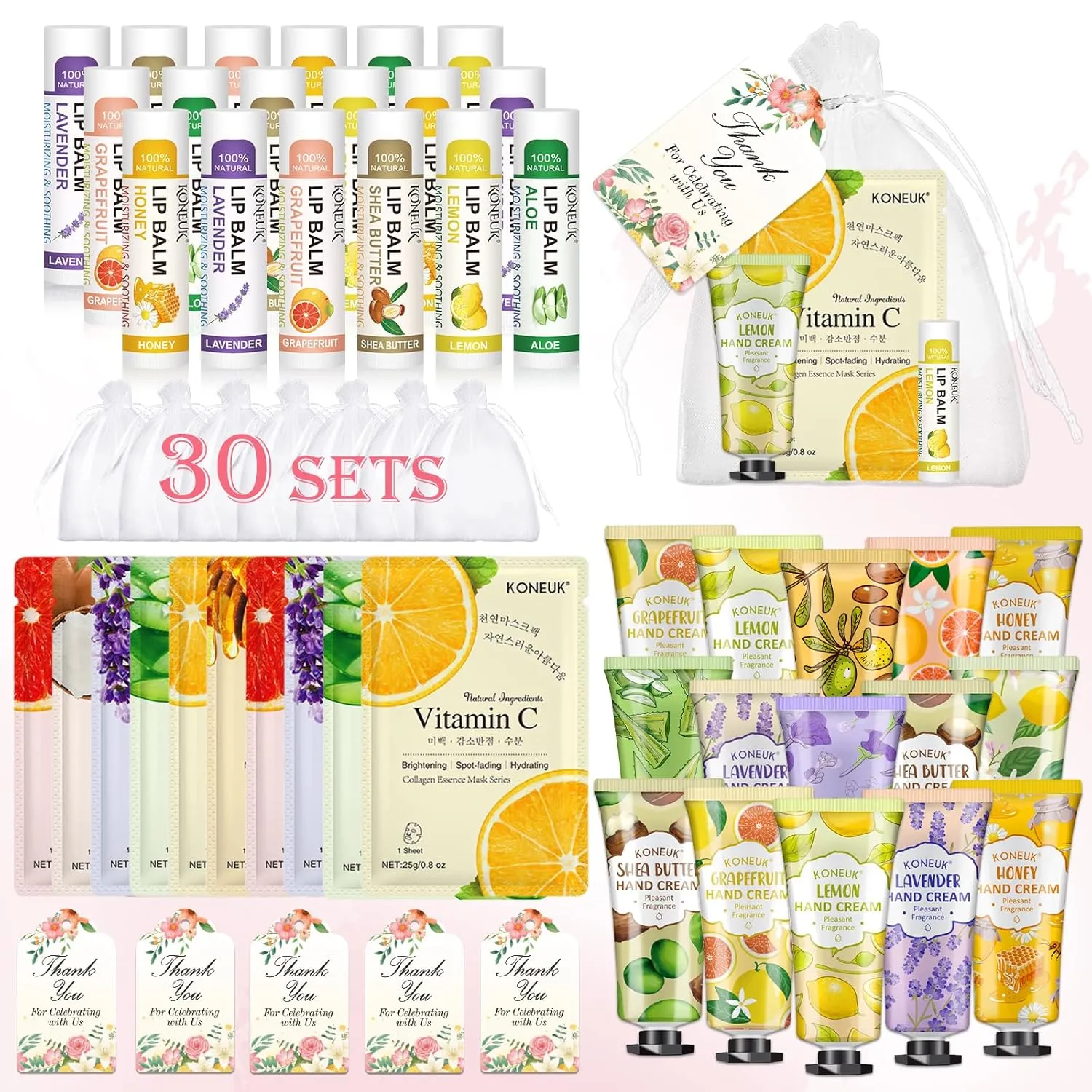 30 Pack Bulk Facial Mask, Bulk Hand Cream and Bulk Lip Balm Sets, Mothers Day Gifts, Nurse Gifts, Bridal Shower Favors and Baby Shower Party Favors for Guests, Teacher Appreciation Gifts for Women