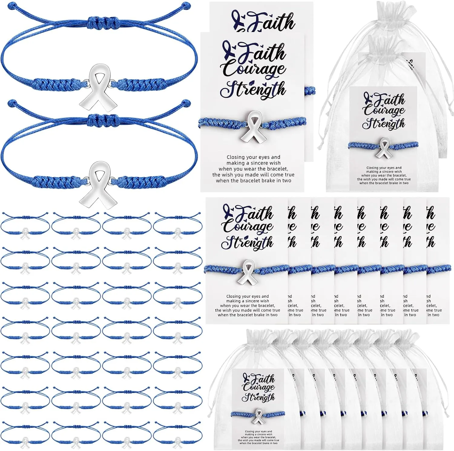 30 Pcs Colon Cancer Awareness Bracelets Awareness Ribbon Adjustable Bracelet with Card Organza Bags Support of Loved Ones Battling Cancer Bracelets Wristbands for Public Event Advocacy