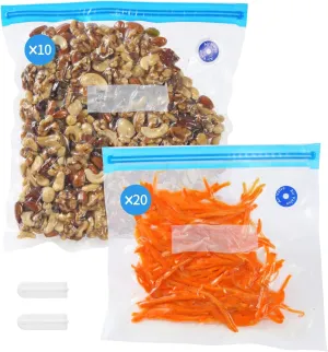 30 Reusable Vacuum Sealer Bags(20p 8"X8", 10p 10"X11")   2 Clips, 1 Year Airtight, For Food Preservation and Storage, Sous Vide Cooking, BPA Free, Reinforced, 7.5mil Thick(No Pumper)