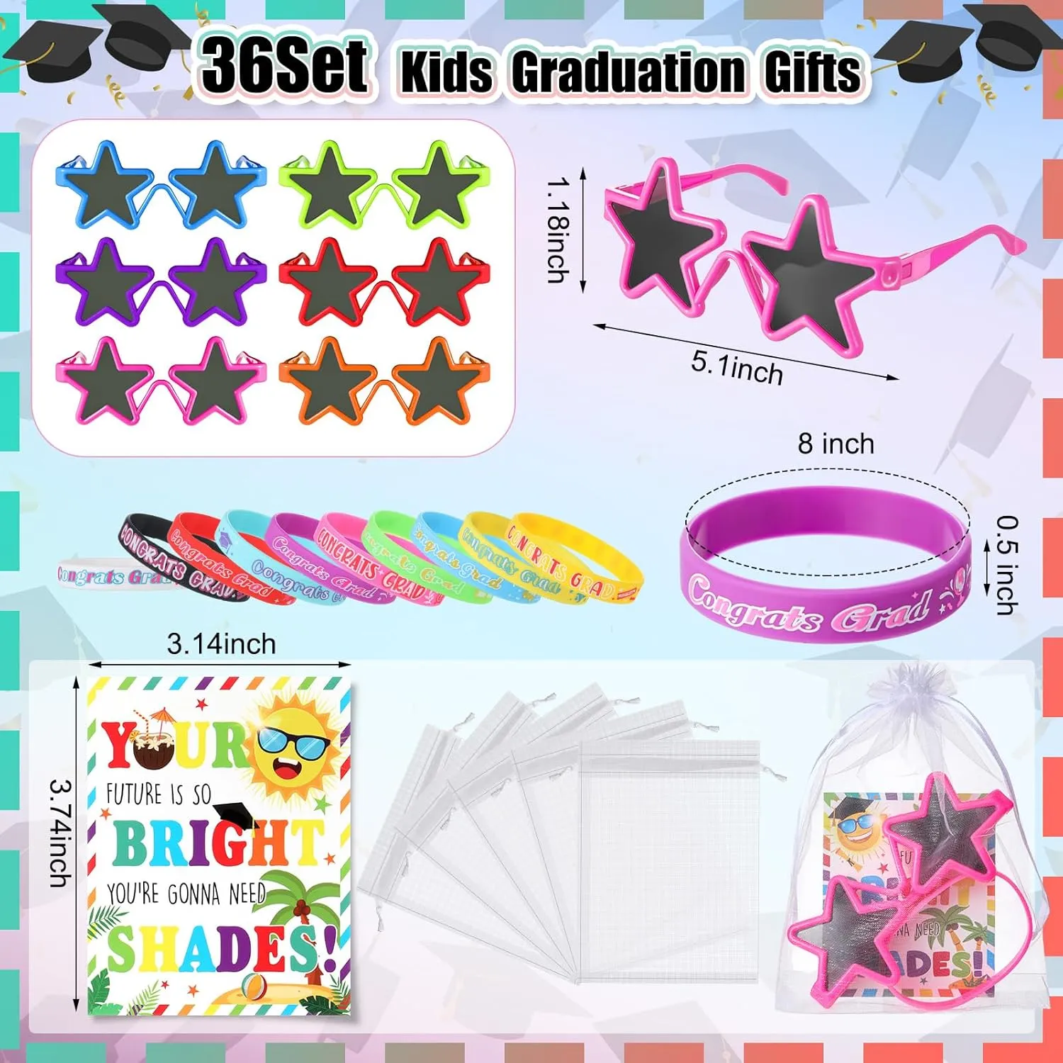 36 Set Graduation Gifts Star Sunglasses Party Favor with Gift Cards Silicone Bracelet Wristbands Kindergarten Preschool Graduation Party Favor