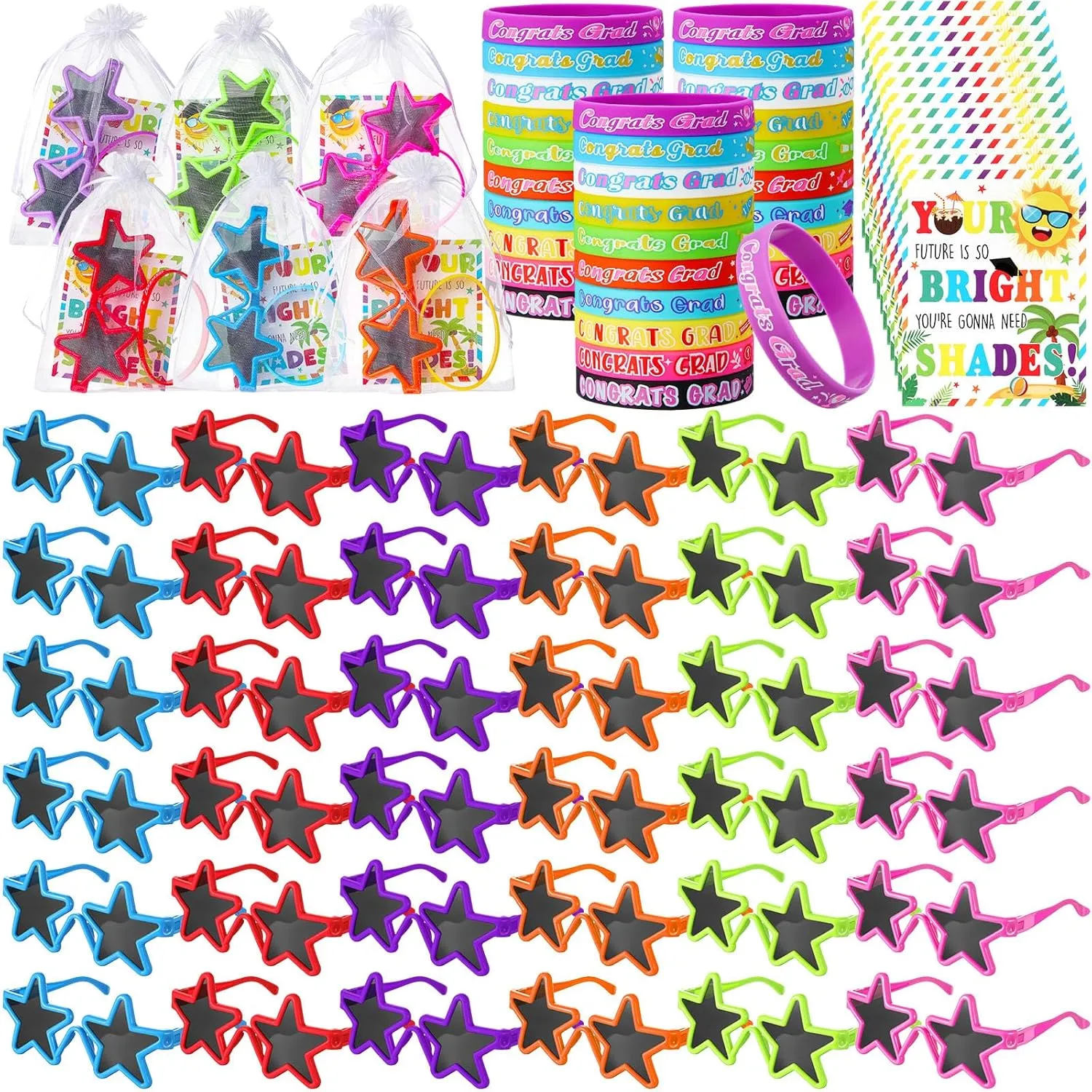 36 Set Graduation Gifts Star Sunglasses Party Favor with Gift Cards Silicone Bracelet Wristbands Kindergarten Preschool Graduation Party Favor
