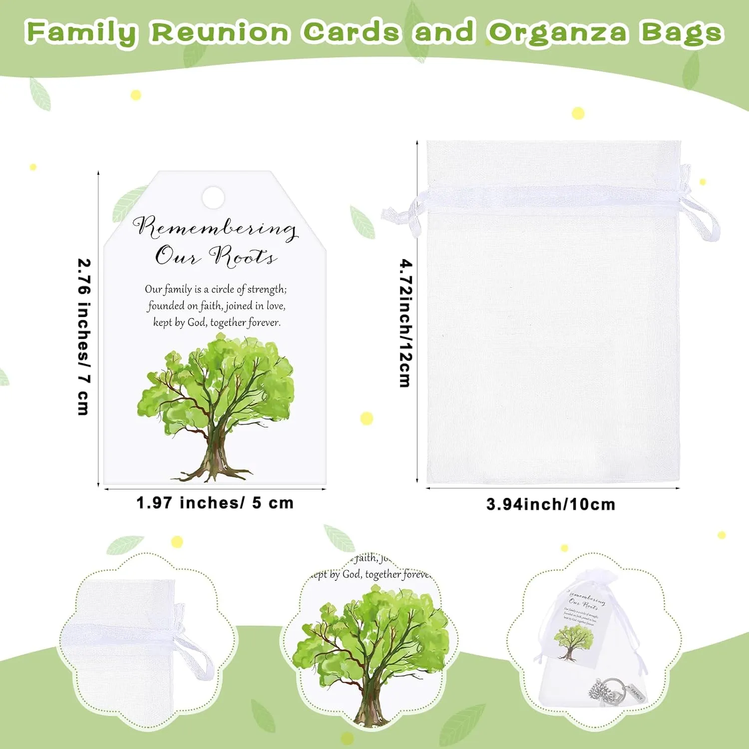 36 Sets Family Party Favors for Guests Tree Keychains Heart Tree Keychains with Cards Organza Bags Family Reunion Gift