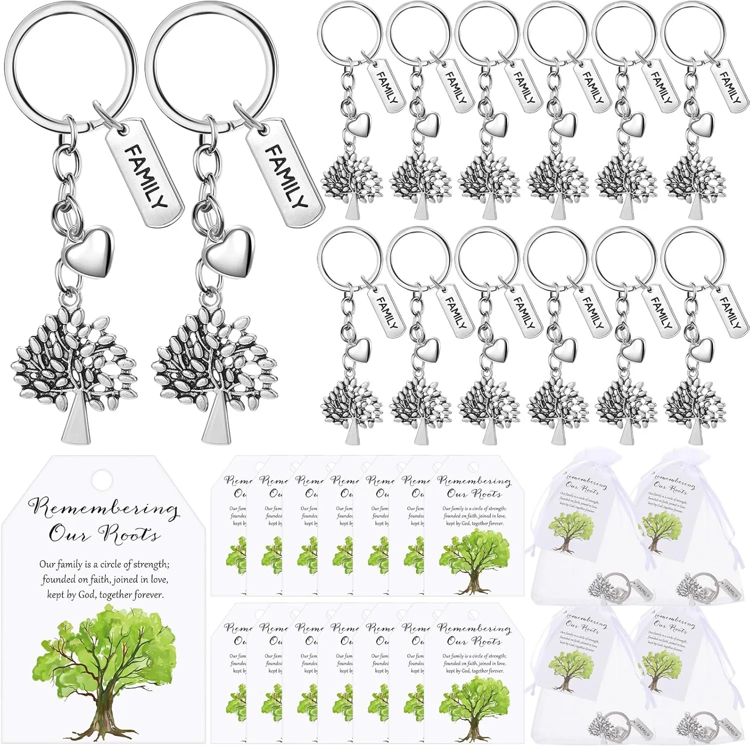 36 Sets Family Party Favors for Guests Tree Keychains Heart Tree Keychains with Cards Organza Bags Family Reunion Gift