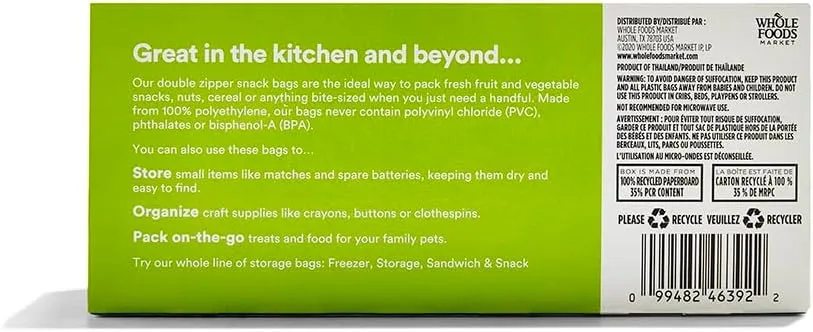 365 by Whole Foods Market, Bag Storage Double Zipper Snack, 50 Count (Pack of 4)
