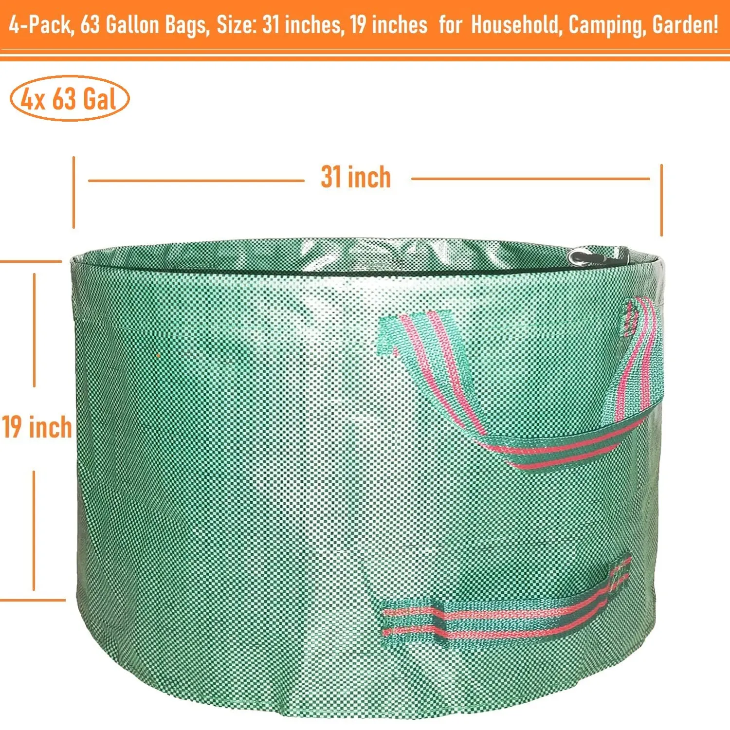 4-Pack 63 Gallon Big Yard Lawn Garden Bags (D31, H19 inches) Yard Waste Debris Bags W/Gardening Gloves, Leaf Bags,Weeds Bag,Grass Clippings Bag,Garden Landscaping Bags,Campsite Trash Bag W/ 4 Handles