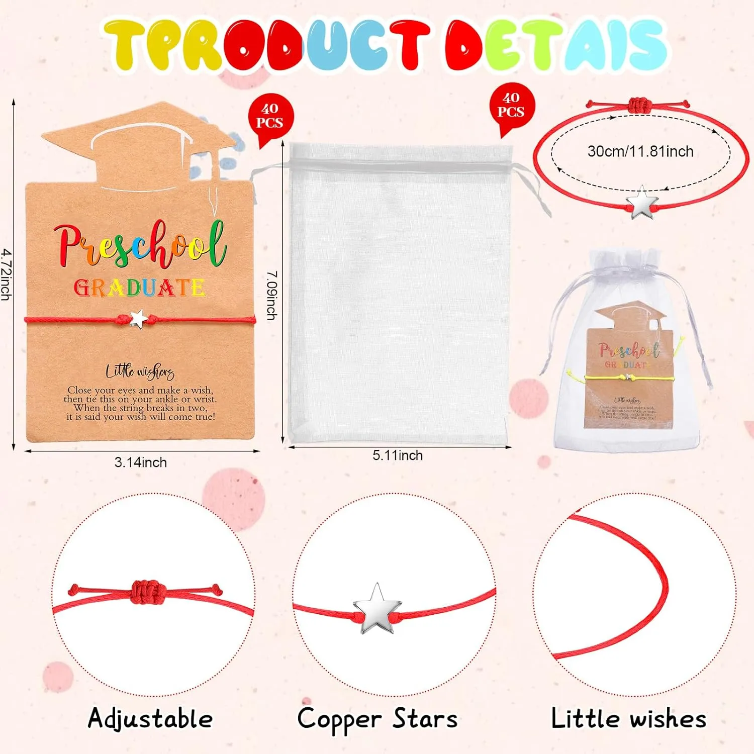 40 Set Preschool kindergarten Graduation Gift Set Class of 2025 Make a Wish Adjustable Graduation Star Bracelet with Cards and Organza Bags Preschool kindergarten Party favor