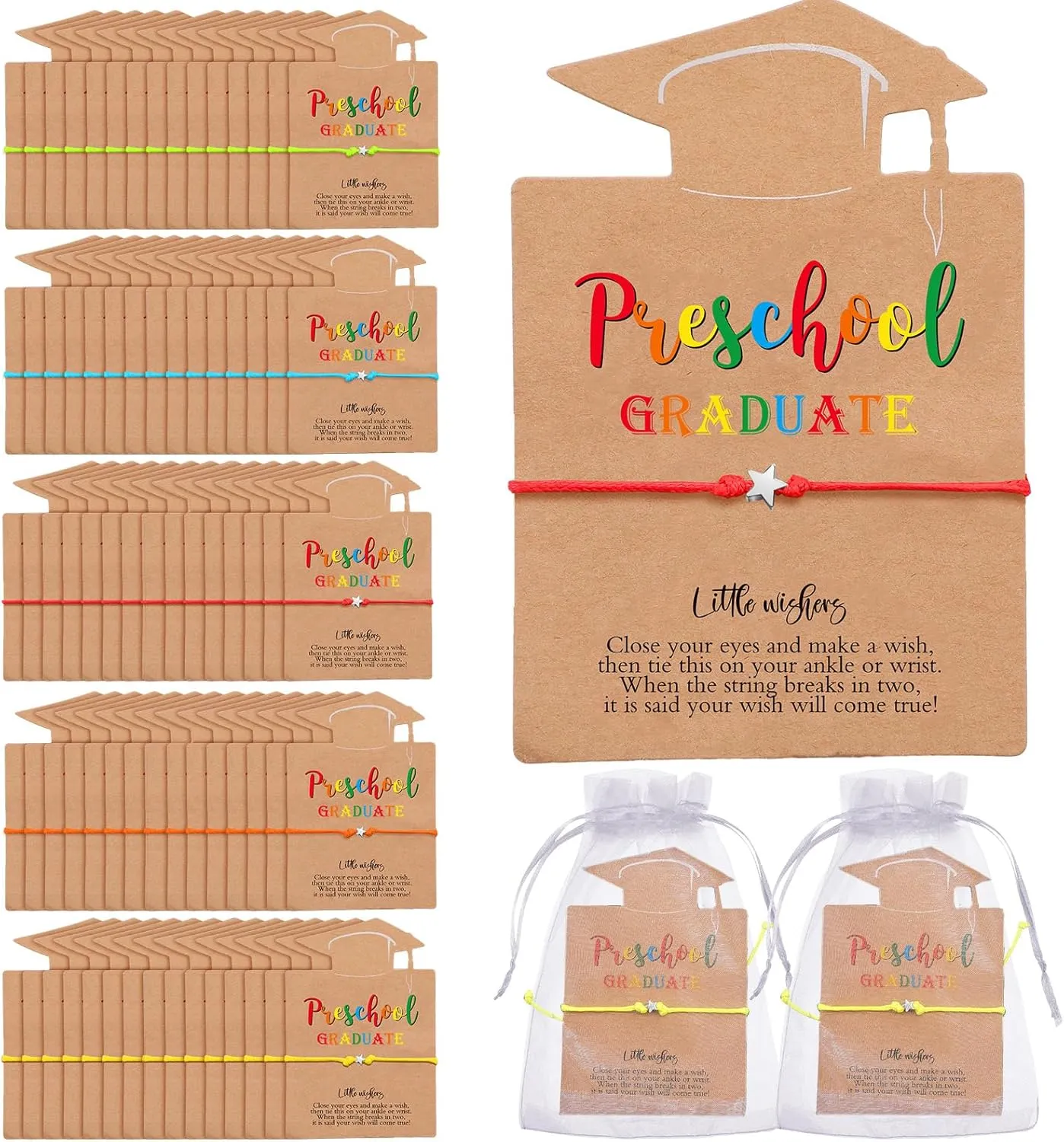 40 Set Preschool kindergarten Graduation Gift Set Class of 2025 Make a Wish Adjustable Graduation Star Bracelet with Cards and Organza Bags Preschool kindergarten Party favor