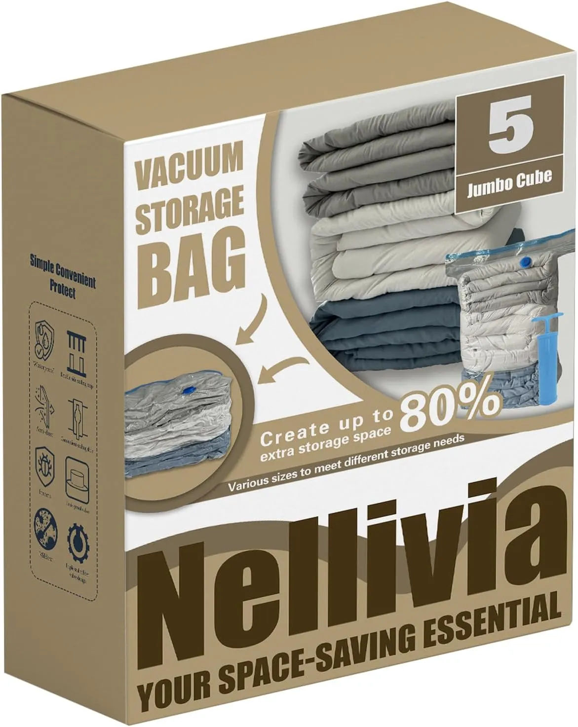 5 Jumbo Cube Vacuum Storage Bags, Supersized Square Bottom Design Compression Space Saver Bags for Comforters, Blankets, Duvets and Clothes, Durable Seal, Puncture Resistant, Hand Pump Included