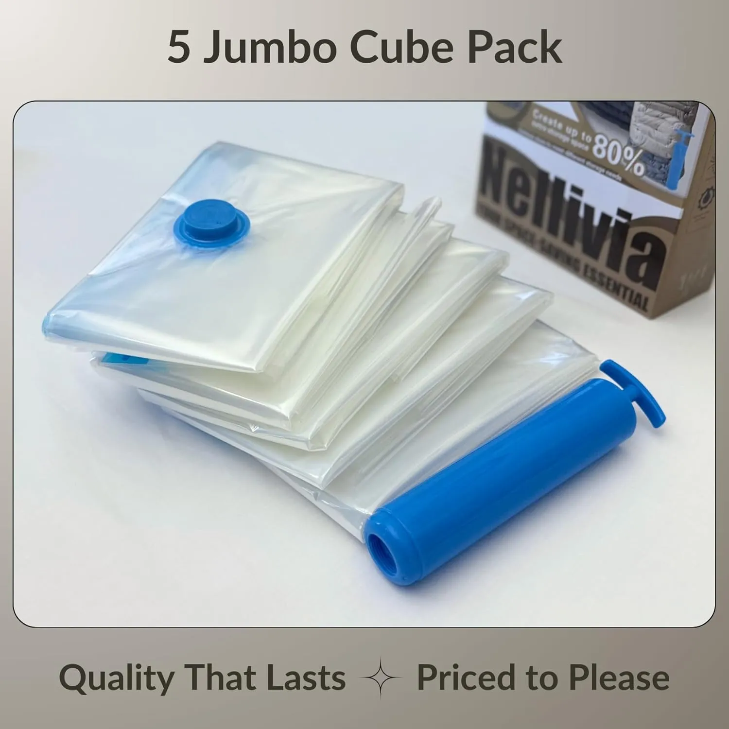 5 Jumbo Cube Vacuum Storage Bags, Supersized Square Bottom Design Compression Space Saver Bags for Comforters, Blankets, Duvets and Clothes, Durable Seal, Puncture Resistant, Hand Pump Included