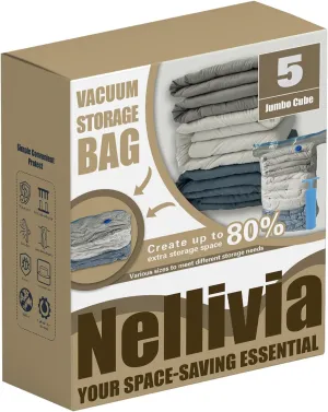 5 Jumbo Cube Vacuum Storage Bags, Supersized Square Bottom Design Compression Space Saver Bags for Comforters, Blankets, Duvets and Clothes, Durable Seal, Puncture Resistant, Hand Pump Included