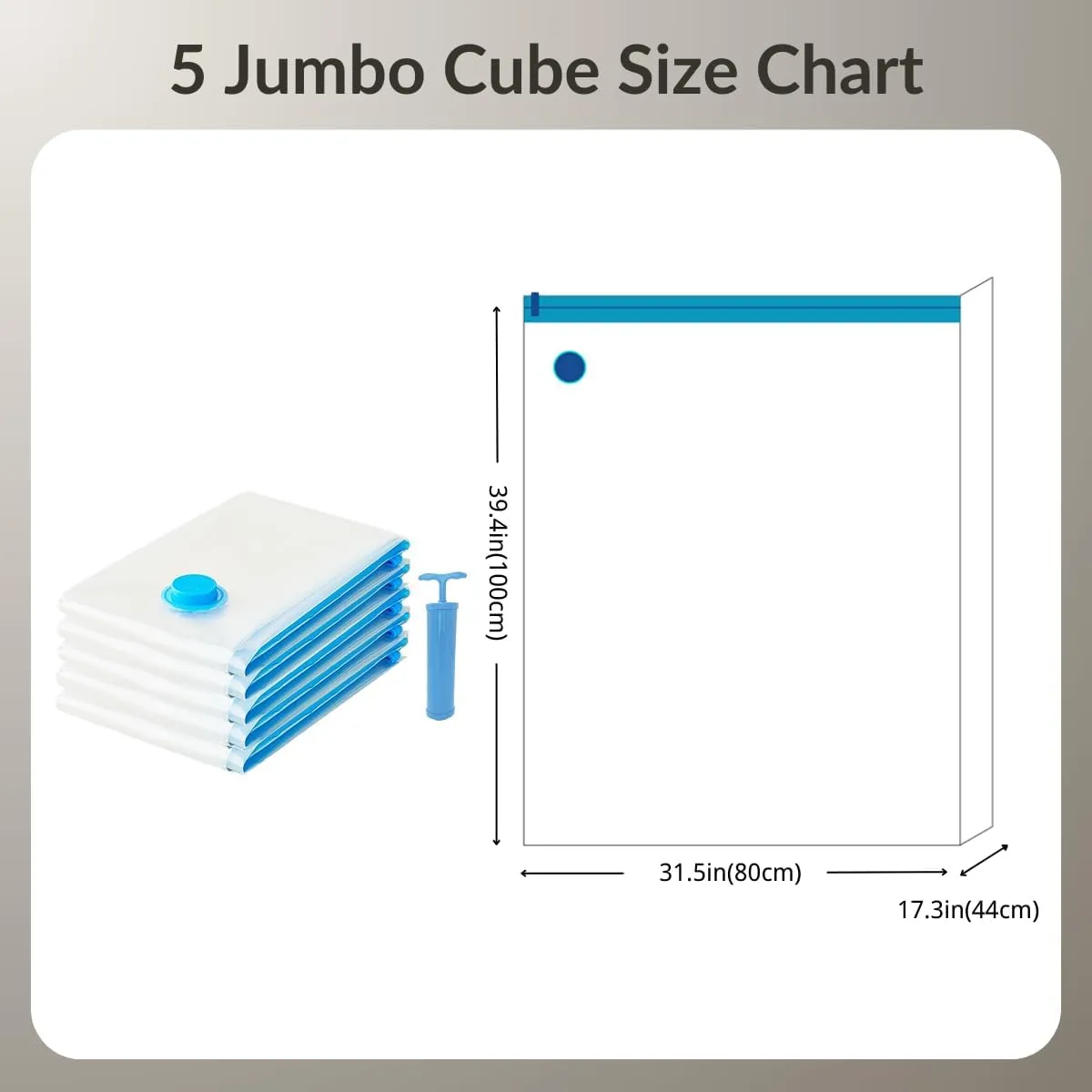 5 Jumbo Cube Vacuum Storage Bags, Supersized Square Bottom Design Compression Space Saver Bags for Comforters, Blankets, Duvets and Clothes, Durable Seal, Puncture Resistant, Hand Pump Included
