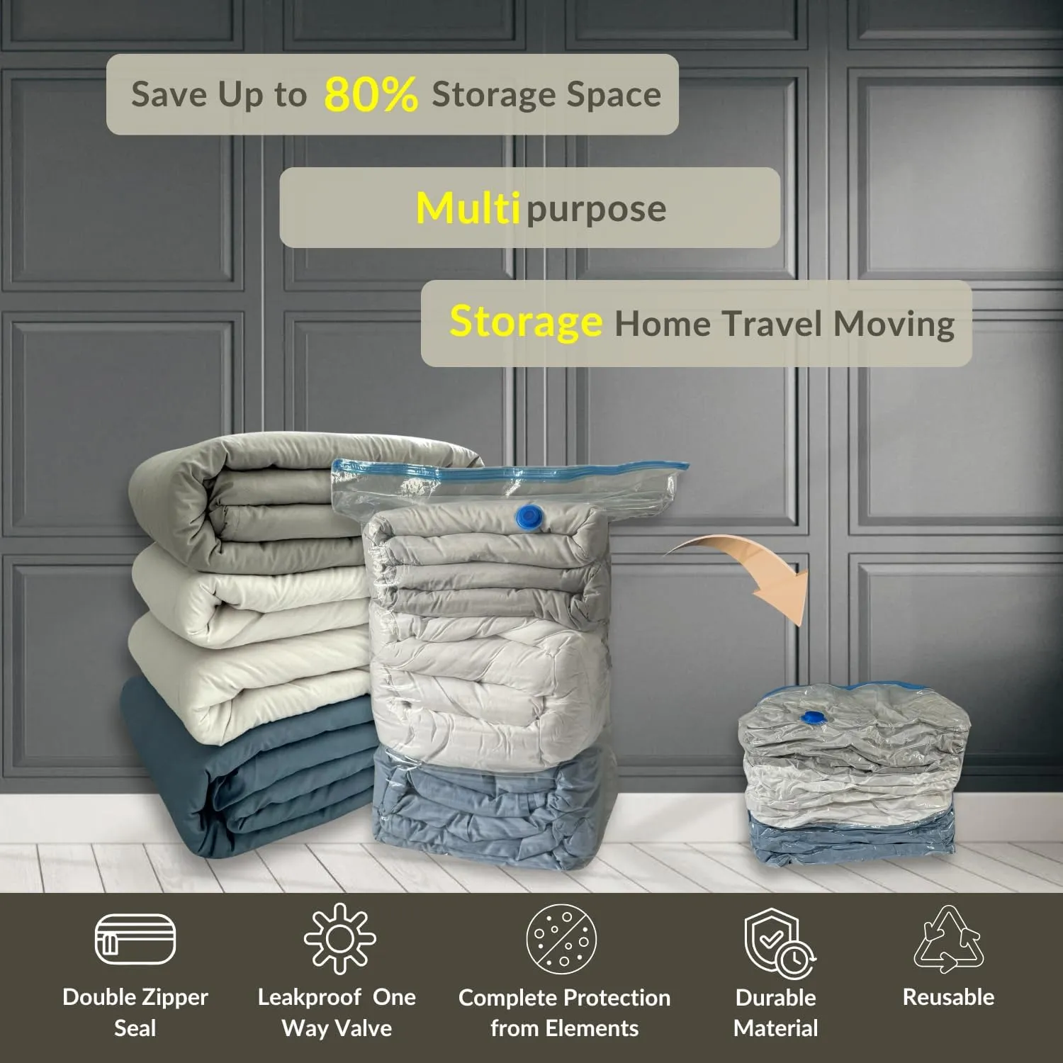 5 Jumbo Cube Vacuum Storage Bags, Supersized Square Bottom Design Compression Space Saver Bags for Comforters, Blankets, Duvets and Clothes, Durable Seal, Puncture Resistant, Hand Pump Included