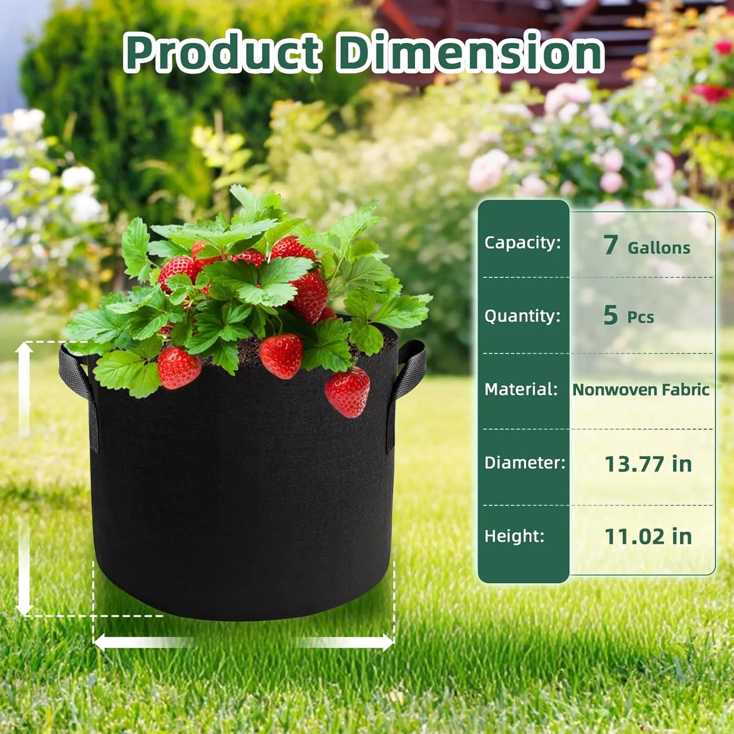 5 Pack 7 Gallon Grow Bags with Handles, Thickened Aeration Nonwoven Fabric Garden Growing Bags Heavy Duty 300G for Tomato, Potato, Strawberry, Vegetable, Fruits and Flowers
