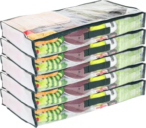5-Pack Clear Vinyl Zippered Underbed Storage Bags 32 x 16 x 4 Inch with Dark Green Trim, 11 x 14.5 Insert Pocket and Handle