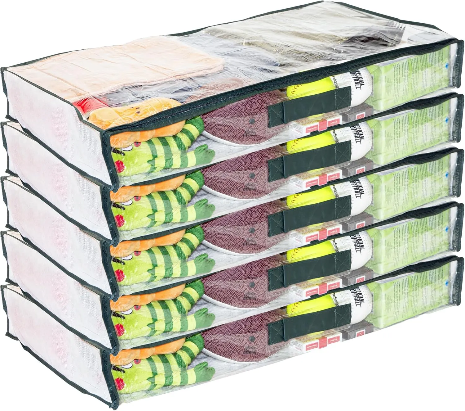 5-Pack Clear Vinyl Zippered Underbed Storage Bags 32 x 16 x 4 Inch with Dark Green Trim, 11 x 14.5 Insert Pocket and Handle