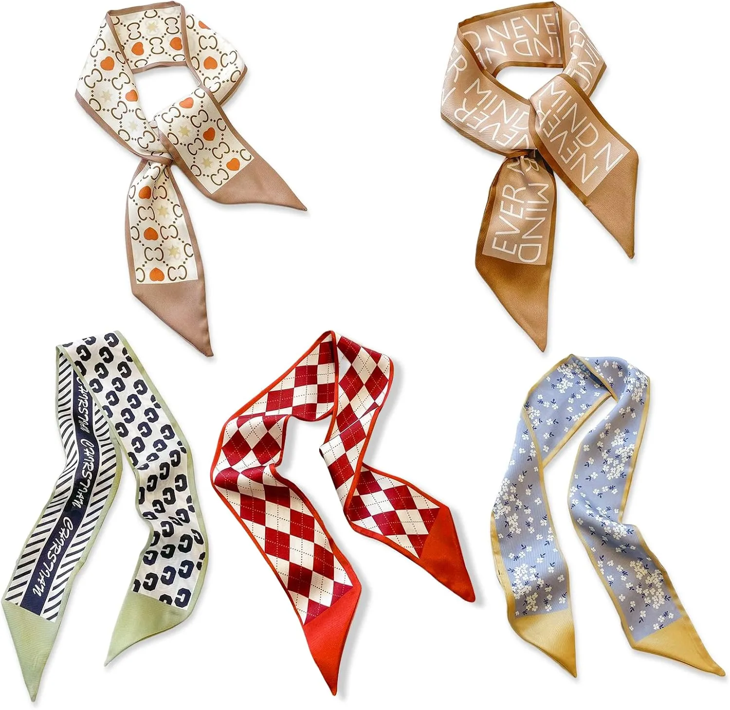 5 Packs Skinny Silk Scarf Women Girls Fresh Flower Geometric Pattern Satin Narrow Neckerchief Headdress Ribbon Scarf