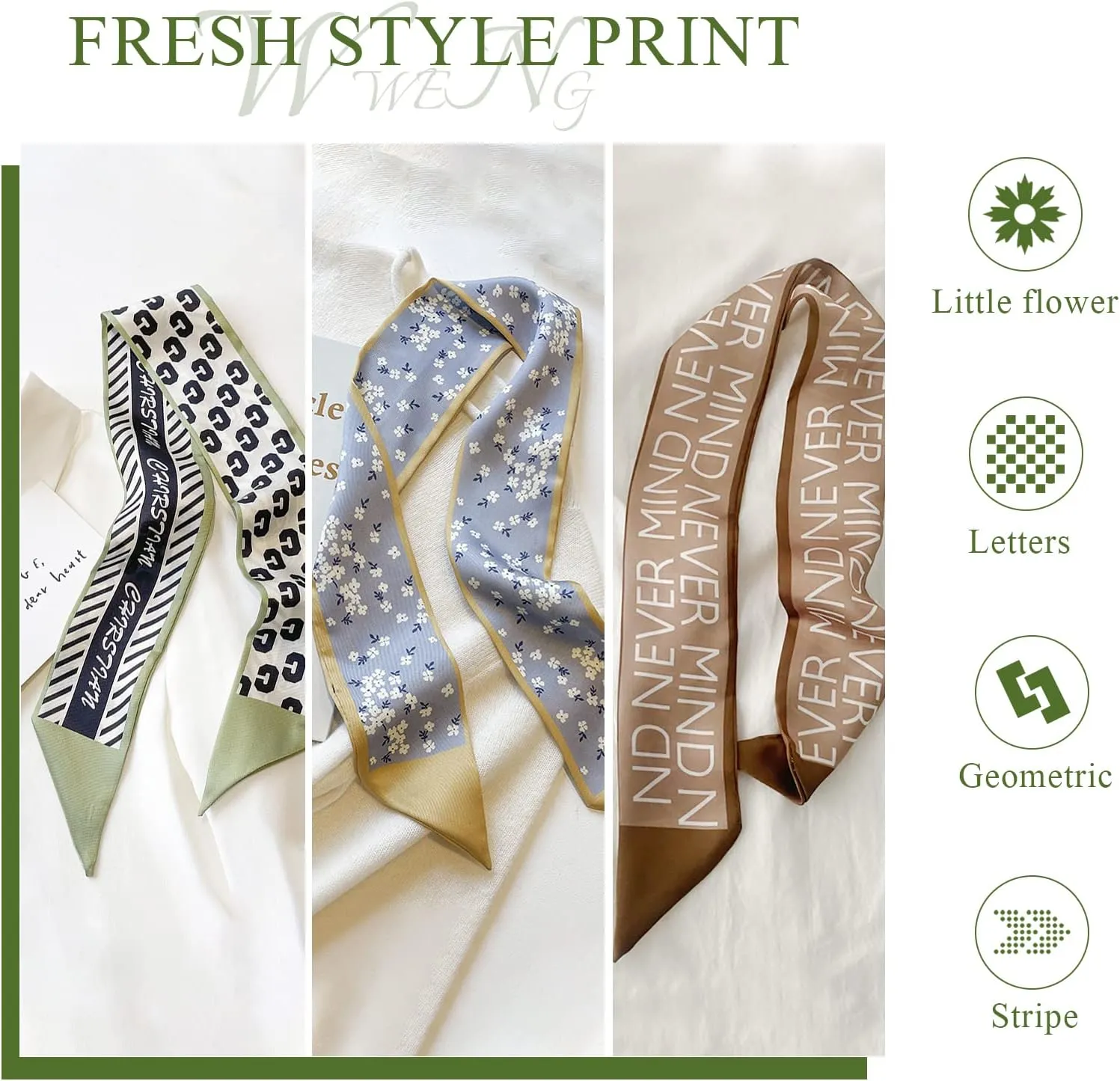 5 Packs Skinny Silk Scarf Women Girls Fresh Flower Geometric Pattern Satin Narrow Neckerchief Headdress Ribbon Scarf