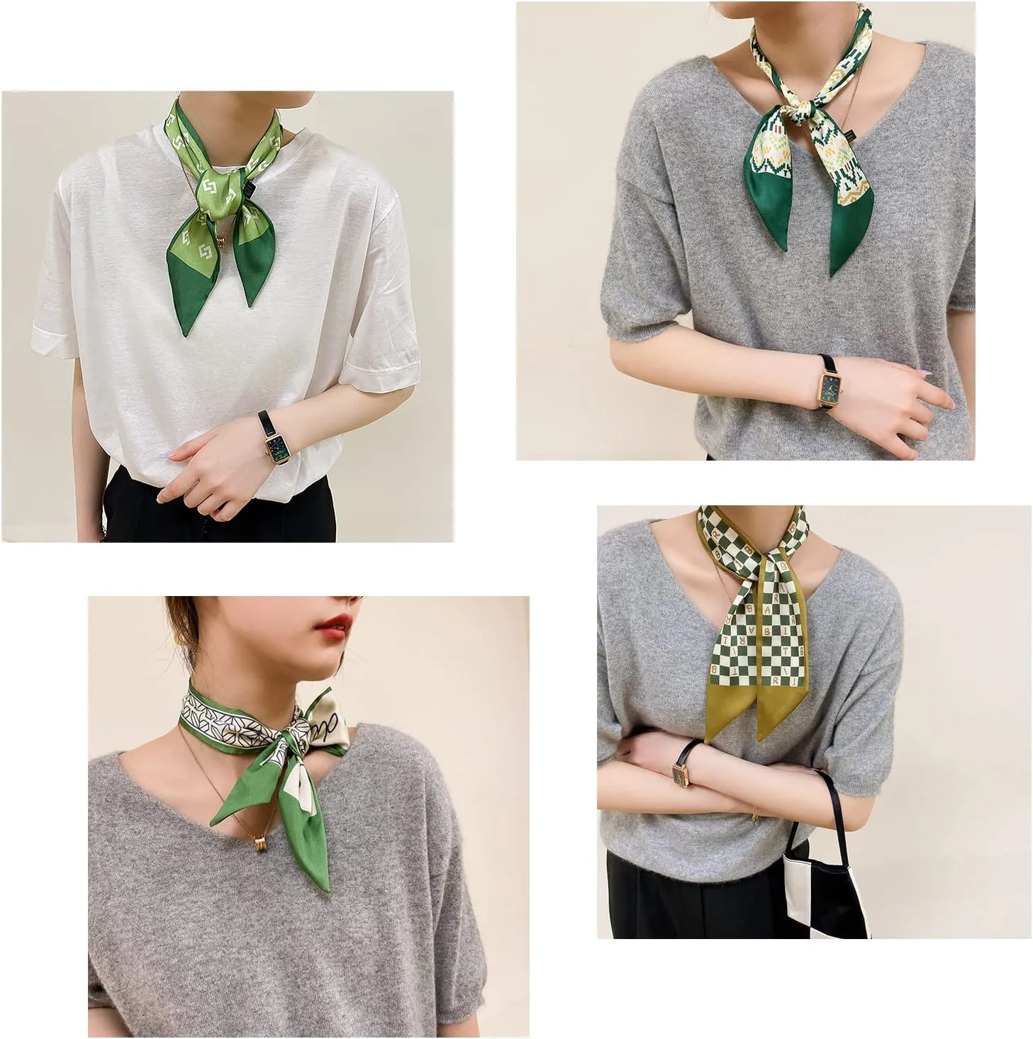5 Packs Skinny Silk Scarf Women Girls Fresh Flower Geometric Pattern Satin Narrow Neckerchief Headdress Ribbon Scarf